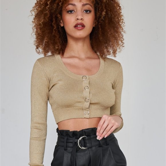 Sparkly Metallic Gold Long Sleeve Crop Cardigan Sweater Top - Picture 1 of 3